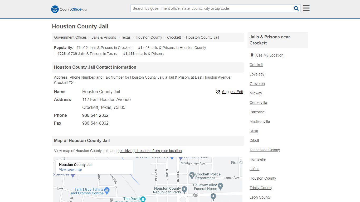 Houston County Jail - Crockett, TX (Address, Phone, and Fax)