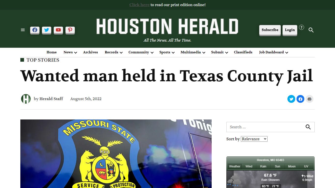 Wanted man held in Texas County Jail - Houston Herald